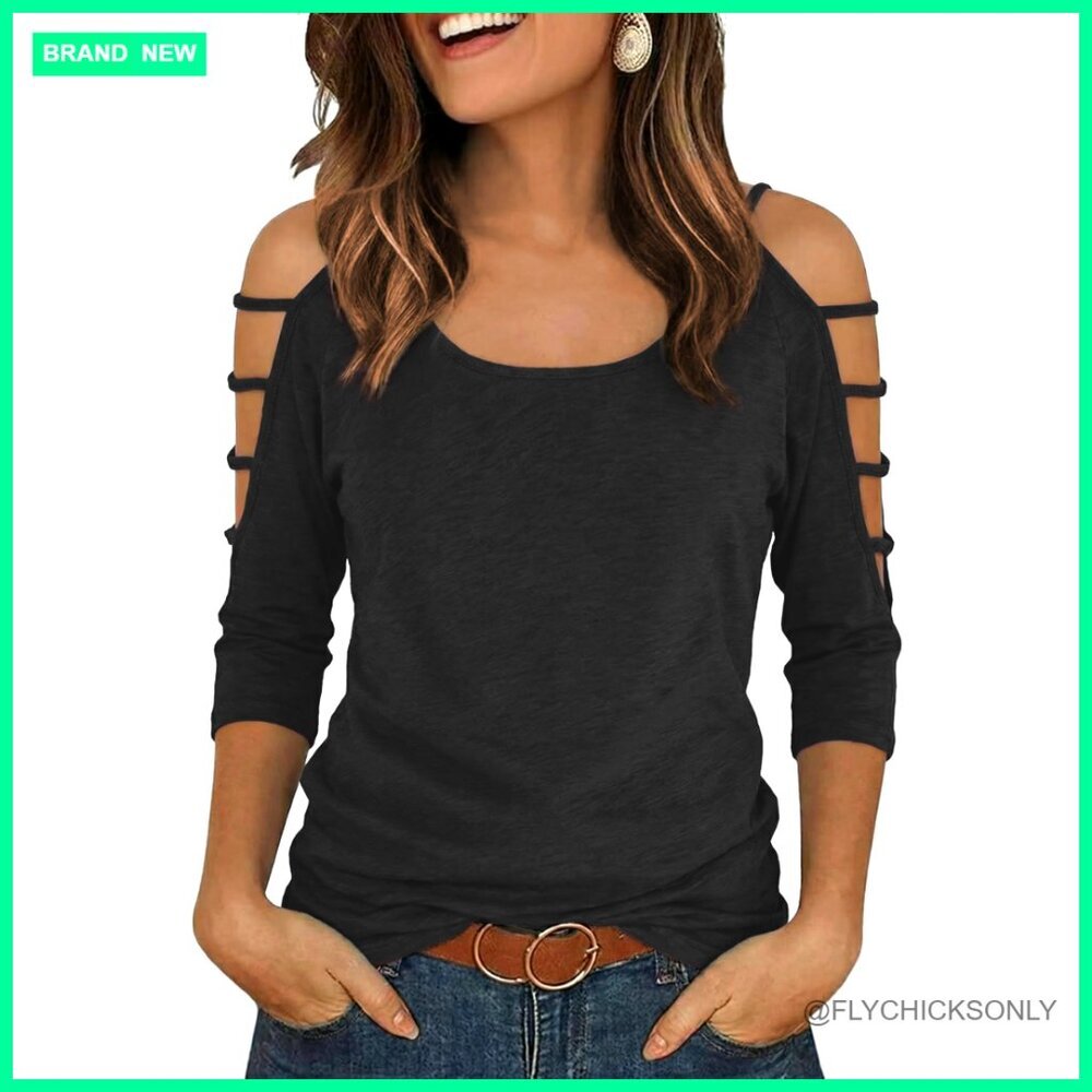 Cold Shoulder Tunic Top 3/4 Sleeve Loose Fit Knit Fabric Casual Wear